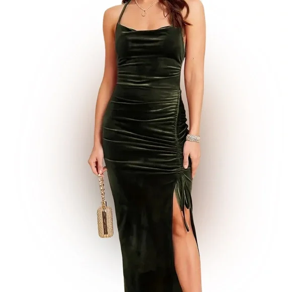 Army Green Velvet Ruched Bodycon Maxi Dress - Picture 2 of 5
